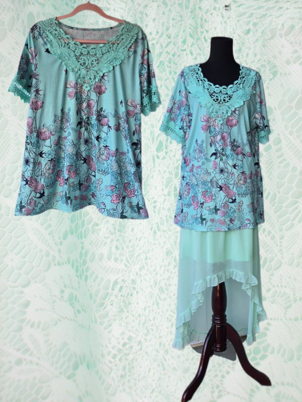 Aqua Blue Bird and Floral Graphic Lace T-shirt Cottagecore Artsy Lagenlook